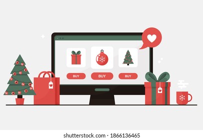 Christmas online shopping with computer or PC. Christmas tree, gift boxes, present and decorations. Winter sale eshop. Ordering gifts at home. Decoration store. Red and Green