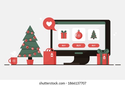 Christmas online shopping with computer or PC. Christmas tree, gift boxes, present and decorations. Winter sale eshop. Ordering gifts at home. Decoration store. Red and Green