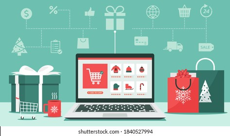 Christmas online shopping concept on laptop screen with gift boxes, shopping bags, the shopping cart on the desk, and icon, winter holidays sales, flat vector illustration