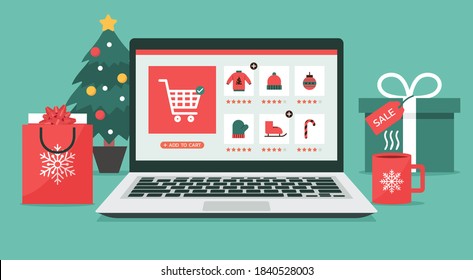 Christmas online shopping concept on laptop screen with gift boxes, shopping bags, and Christmas tree on desk, winter holidays sales, flat vector illustration