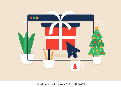 Christmas online shopping. Flat cartoon vector illustration with browser window with red gift box, spruce, cup on the desk, winter holidays sales. Christmas due coronavirus