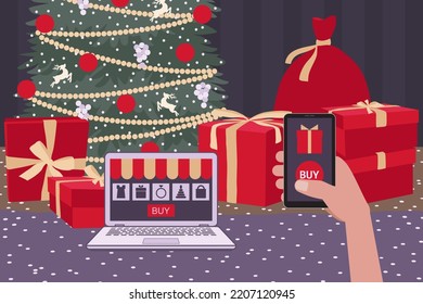 Christmas online shopping flat vector illustration, web banner