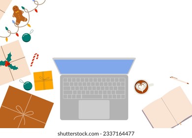 Christmas online shopping - laptop and gifts top view. Banner with place for text. Vector illustration