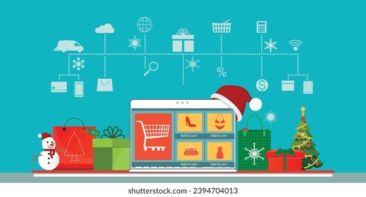 Christmas online shopping with laptop. Christmas tree, gift boxes, present and decorations. Ordering gifts at home.vector illustration.