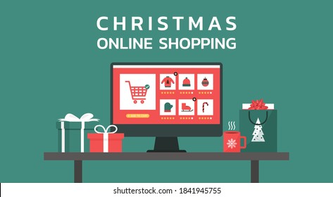 Christmas online shopping or winter holiday sale concept on a computer screen with gift boxes, shopping bags, coffee cup on the table, and text, flat vector illustration