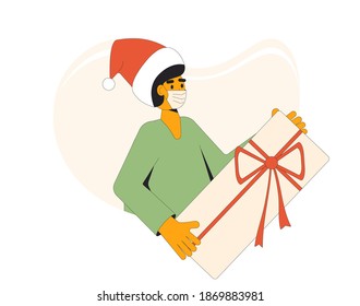 Christmas online. Stay home at holiday. Young woman in medical mask  and santa hat with gift. Virtual present. Vector line art illustration.
