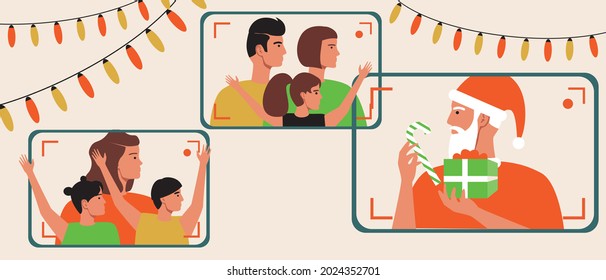 Christmas online, video call santa. Flat vector stock illustration. Children with a gadget. Online celebration. Christmas presents. Internet santa. Families with children. Christmas illustration