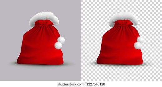 Christmas open bag of Santa Claus isolated on gray and transparent background. Vector Realistic Illustration.