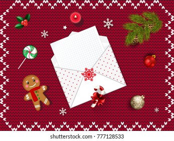 Christmas open envelope with empty sheet, fir tree branch, gold and red bubbles, candies, gingerbread man, holy, candle on red knitted background. Vector wish list, template with space for text.