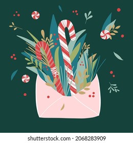 Sobre y carta abierta de Navidad con diferentes plantas navideñas. Saludos y Feliz Año Nuevo o presente. Ilustración vectorial. 