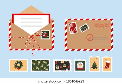 Christmas open envelope with a letter. New Year postage stamps in flat style. Vector stock illustration