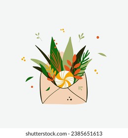 Christmas open envelope and letter with plants and candy. Greetings and Happy New Year message or present. Vector illustration. 