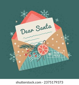 Christmas open envelope with seals, stamps, decorated Christmas tree branch and dried lemon slice. Greeting card with lettering Dear Santa. Vector flat cartoon illustration on dark background