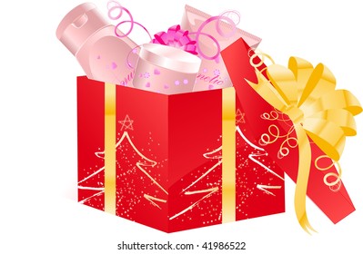 Christmas open gift box with cosmetics set