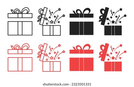 Christmas open gift box icon set in black and red color. Mystery magic boxes icons. Simple surprise present parcel vector symbols with ribbon.