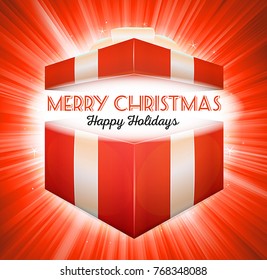 Christmas Open Gift Box/
Illustration of a cartoon design red gift box for christmas holidays, with white ribbons and star burst background