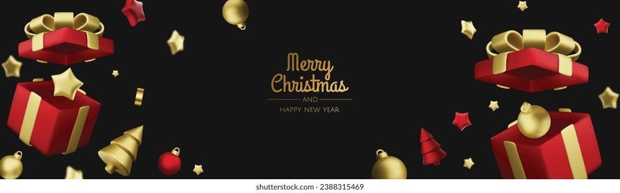 Christmas open gift box template. Christmas design Realistic decorative objects. Selling banners, surprise posters, flyers and brochures. holiday layout.