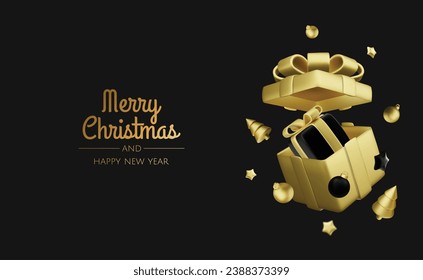 Plantilla de la caja de regalo abierta de Navidad. Diseño navideño Objetos decorativos realistas. Venta de pancartas, afiches sorpresa, volantes y folletos. disposición de vacaciones.