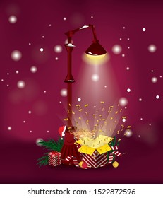 Christmas open gift box under street lamp. New Year presents and fir branches on dark red background. Vector art illustration