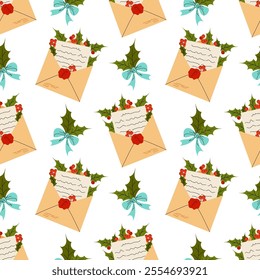 Christmas open Letter. Holly leaves. Christmas seamless pattern. For textile, wrapping paper, background.
