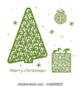 Christmas openwork green paper card. Stencil design with tree, balls, snowflake, gift. Laser decoration template for greeting cards, invitations, interior decorative elements. Vector illustration.
