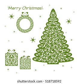 Christmas openwork green paper card. Stencil design with tree, wreath, snowflake, gift. Laser decoration template for greeting cards, invitations, interior decorative elements. Vector illustration.