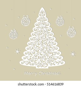 Christmas openwork white paper card. Stencil design with tree, balls, snowflake. Laser decoration template for greeting cards, invitations, interior decorative elements. Vector illustration.