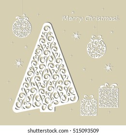 Christmas openwork white paper card. Stencil design with tree, balls, snowflake, gift. Laser decoration template for greeting cards, invitations, interior decorative elements. Vector illustration.