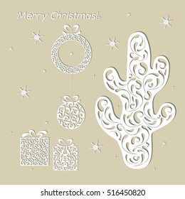 Christmas openwork white paper card. Stencil design with cactus, balls, wreath, snowflake, gift. Laser decoration template for greeting cards, invitations, decorative elements. Vector illustration.