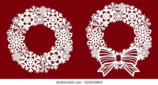 Christmas openwork winter wreath of snowflakes. Template for laser cutting of paper, cardboard, wood, metal. For the design of Christmas and New Year decorations, Christmas tree decorations, cards, 