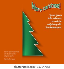 Christmas orange background with paper Christmas tree. Vector illustration.