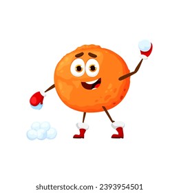 Christmas orange character playing snowballs, Xmas holiday fruit personage. Happy orange with Santa Claus red gloves throwing snow balls. Funny tropical fruit emoji of Christmas holiday activities