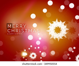 Christmas orange color abstract background with white transparent snowflakes. Holiday winter template, New Year layout