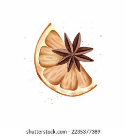 Christmas orange decoration. Winter decorative element. Orange fruit slice with star anise isolated on white background. Happy New Year design 