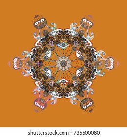 Christmas orange, gray and browns. Vector illustration. Magic orange, gray and brown holiday abstract background with star and falling snowflakes.