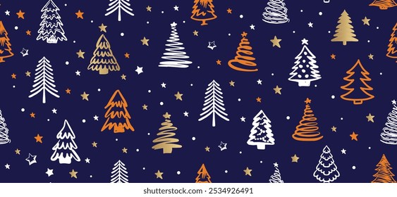 Navidades naranja y árbol blanco, patrón sobre fondo azul, ilustraciones dibujadas a mano.	