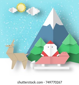 Christmas origami landscape. Holiday folded scene paper Santa Claus and reindeer is coming for Xmas. Vector winter background.