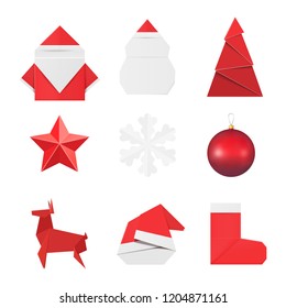 Christmas origami ornaments and decorations: paper Santa Claus and snowman, fir, star, snowflake, glass ball toy, deer red hat and sock.