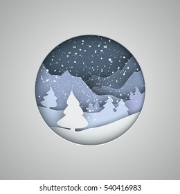 Christmas origami paper cut illustration. Paper crafts winter landscape with trees and mountains in the layers. White New Year template for greeting card, presentations, calendar.