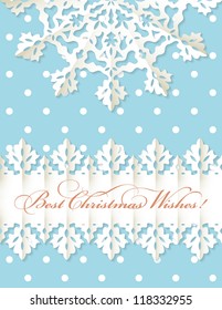Christmas origami snowflake and banner with greeting text on blue vector background with polka dot pattern. EPS 10 illustration