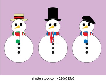 Christmas original snowman. Vector illustration set of snowmen from different countries with specific flag colored scarf and typical hat. Funny cartoon italian, english and french characters.