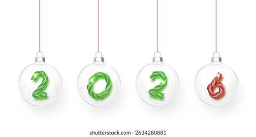 Christmas Ornament 2026 Numbers in Candy Style Inside Glass Balls Hanging on Strings. Holiday Decoration Concept. Vector Illustration.