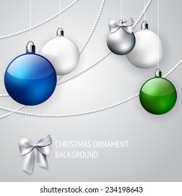 Christmas ornament background with blue, green and white balls; winter holiday illustration with  place for text, invitation card for New Year