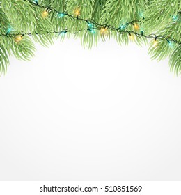 Christmas ornament background design element. Glowing lights Garlands Christmas tree decorations.