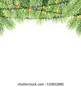 Christmas ornament background design element. Glowing lights Garlands Christmas tree decorations. 
