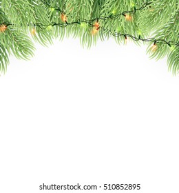 Christmas ornament background design element. Glowing lights Garlands Christmas tree decorations.