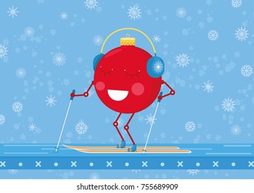 A christmas ornament ball is practicing ski. Christmas/New years card for 2019. Simple cute illustration with cartoon character