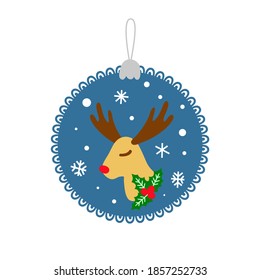 Christmas ornament ball with red nosed reindeer and snowflakes. Rudolph with poinsettia, vector hand drawn illustration for greeting cards, holiday invitations. Isolated element on white background
