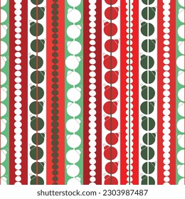 christmas ornament, christmas ball seamless pattern white, green and red lines and circles,  vertical stripes