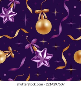 Christmas ornament balls, garlands, satin bows and stars. Vector illustration, seamless pattern, realistic style. In purple and gold tones. For wallpaper, printing on fabric, wrapping, background